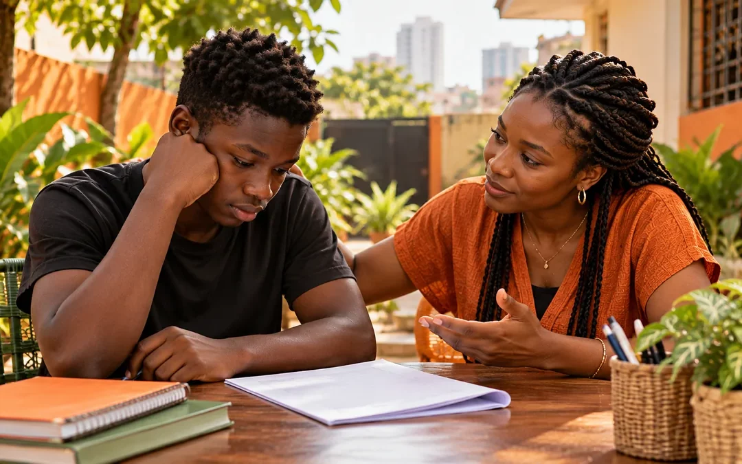 Un adulte écoute un jeune après une déception et l’encourage à reprendre confiance.