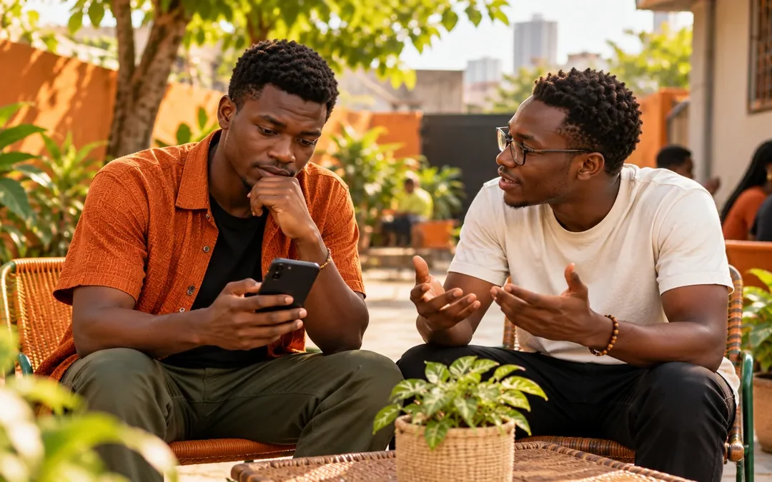 Un jeune Ivoirien consulte son téléphone dans un espace de quartier, entouré d’un ami.