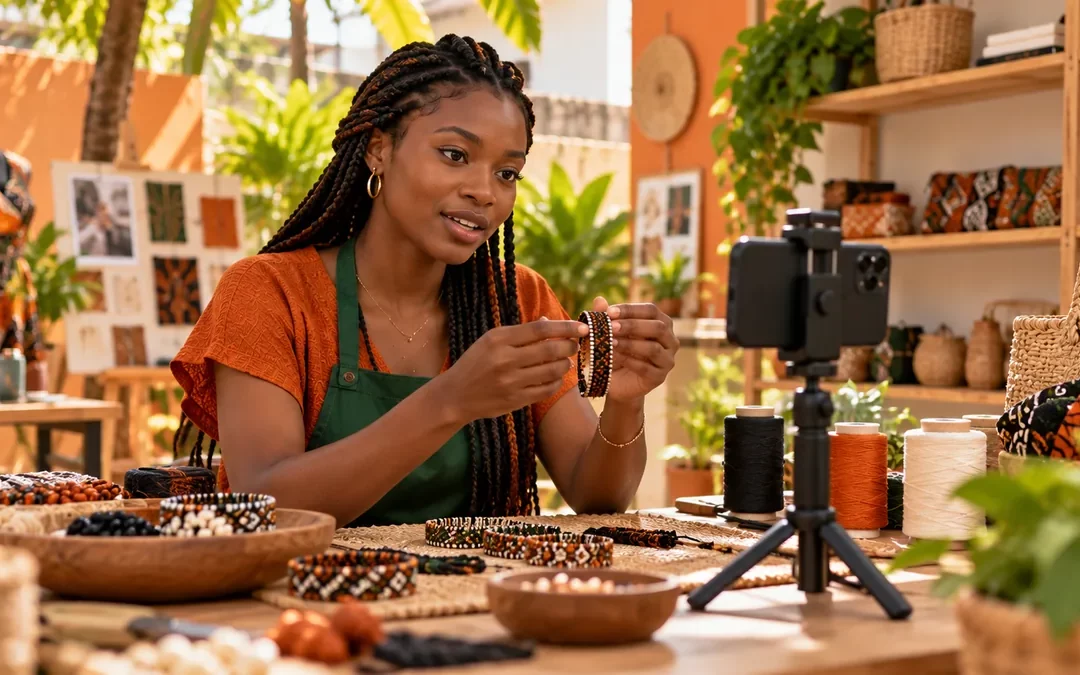 Une jeune créatrice ivoirienne filme une activité artisanale avec son téléphone.